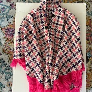 Vintage Houndstooth Pink purple Poncho with Fringe